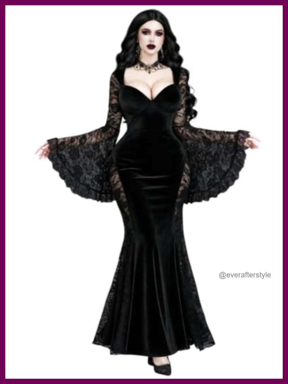 Women's Gothic Lace Velvet Bell Sleeve Mermaid Bodycon Dress